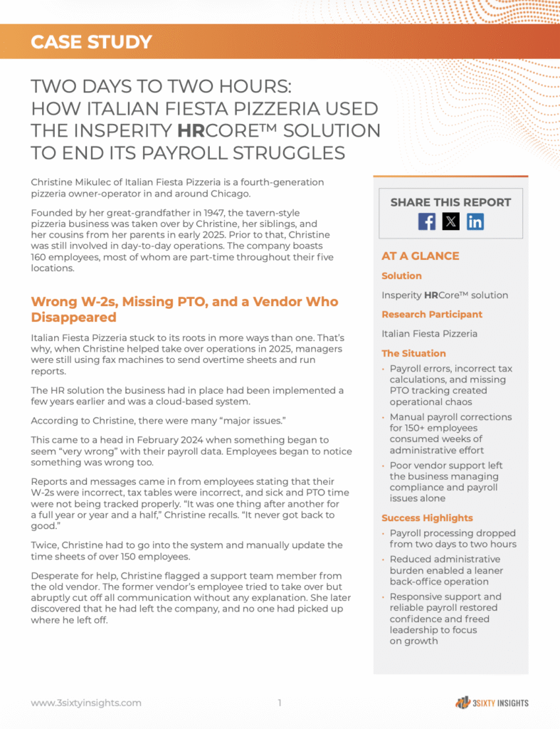 A case study document titled 'Two Days to Two Hours: How Italian Fiesta Pizzeria Used the Insperity HRCore Solution to End Its Payroll Struggles'.