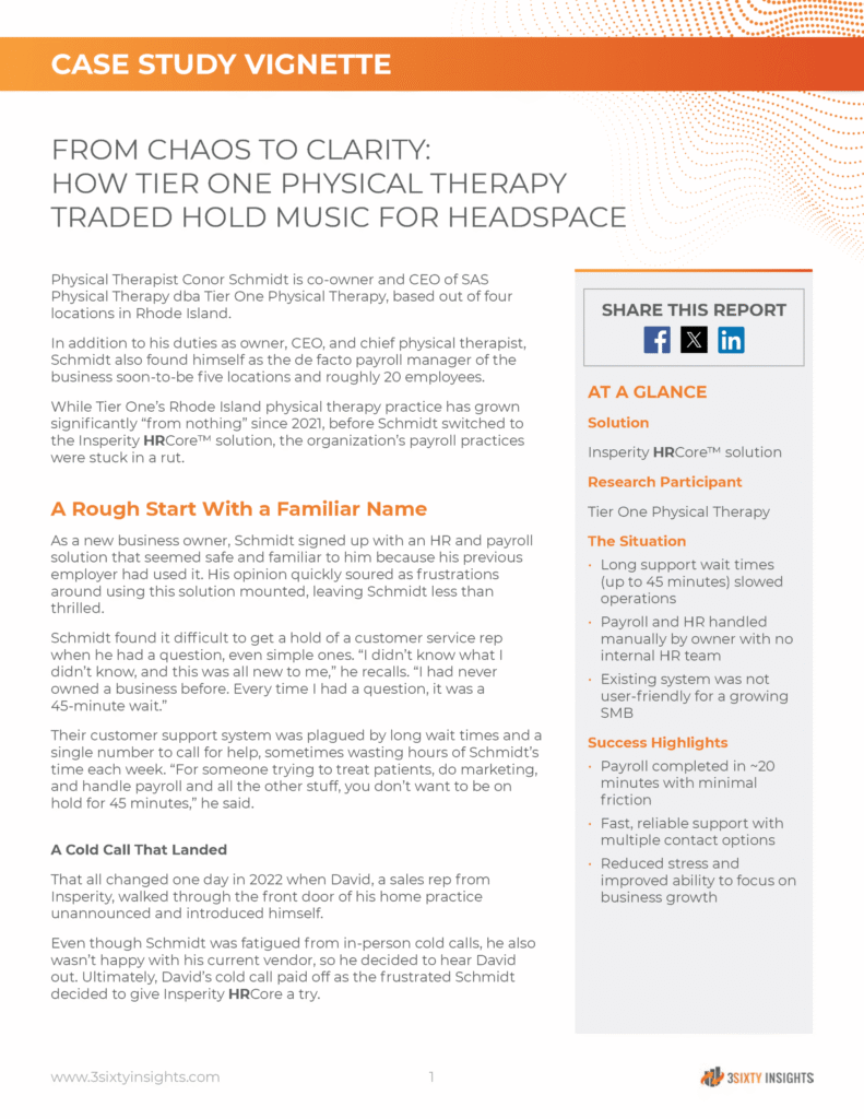 A case study document titled 'From Chaos to Clarity' detailing how Tier One Physical Therapy improved HR and payroll with Insperity HRCore™. It highlights challenges like long support wait times and manual processes, and successes like faster payroll and reliable support.