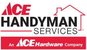 Ace Handyman Services logo. The logo features 'ACE' in red, 'HANDYMAN' in black, and 'SERVICES' in black, with a red house outline. Below, a red banner reads 'An ACE Hardware Company' in white.