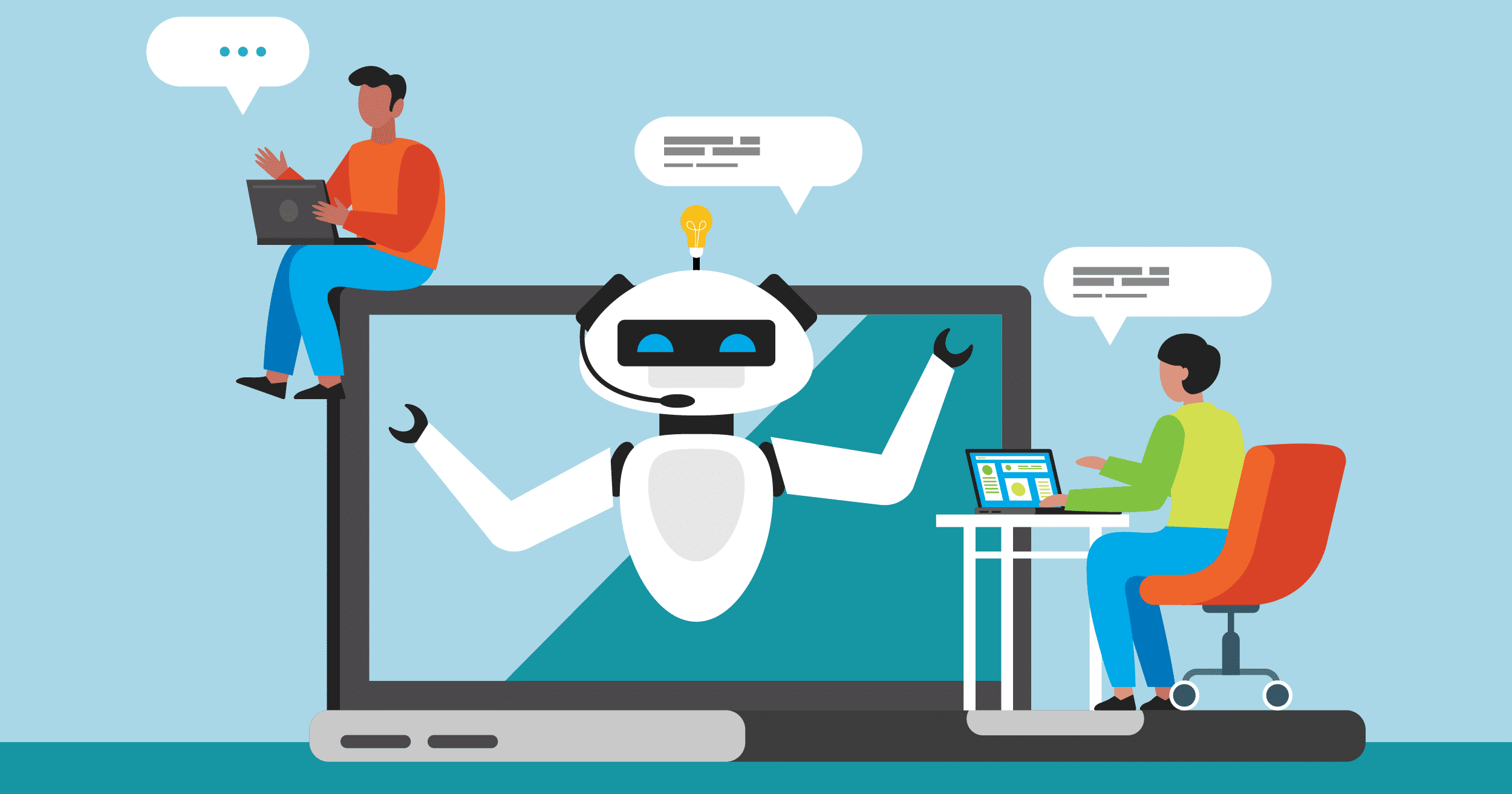 Illustration of two people interacting with a large laptop screen displaying a chatbot. One person sits on the laptop edge, another at a desk, both using laptops, with speech bubbles indicating communication.