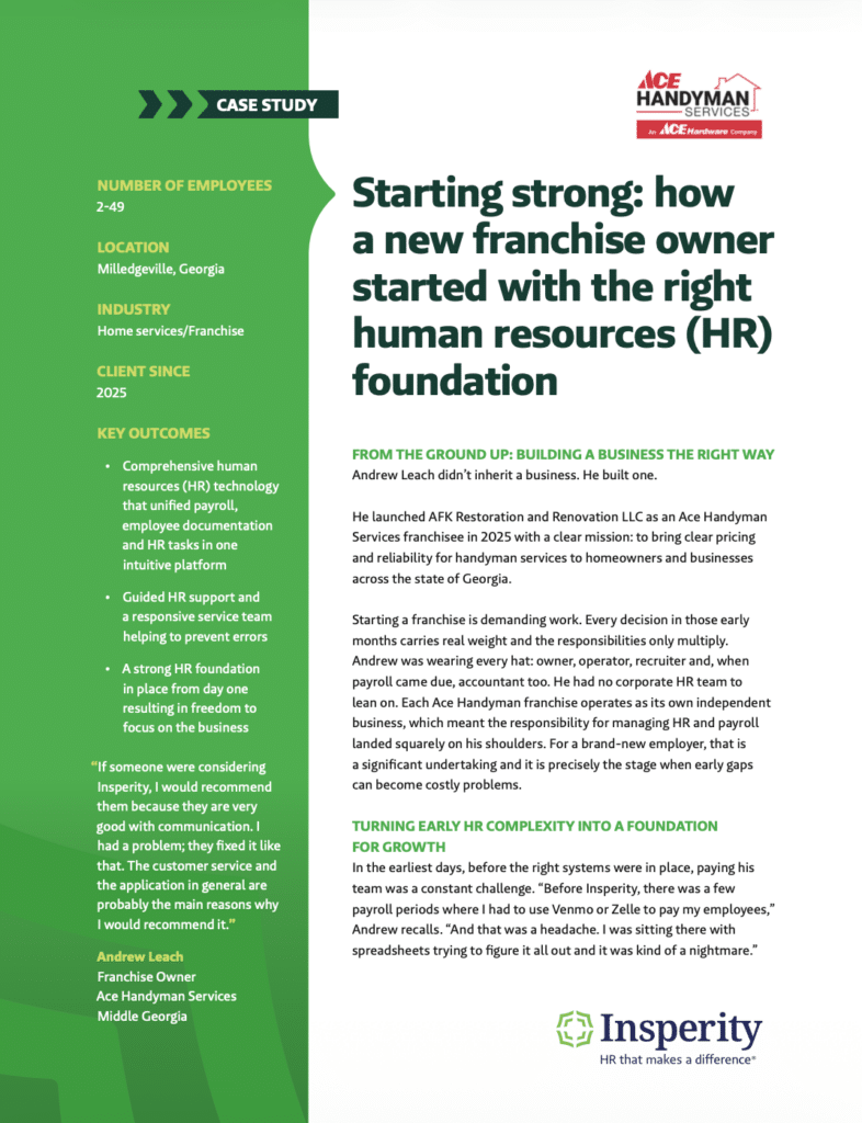 Case study document detailing how Ace Handyman Services, a franchise, built a strong HR foundation with Insperity, featuring client details, key outcomes, and a testimonial.