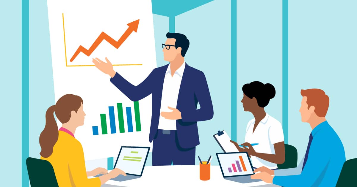 Illustration of a business presentation with a male presenter and three attendees. A whiteboard shows an upward trending line graph and a bar chart.