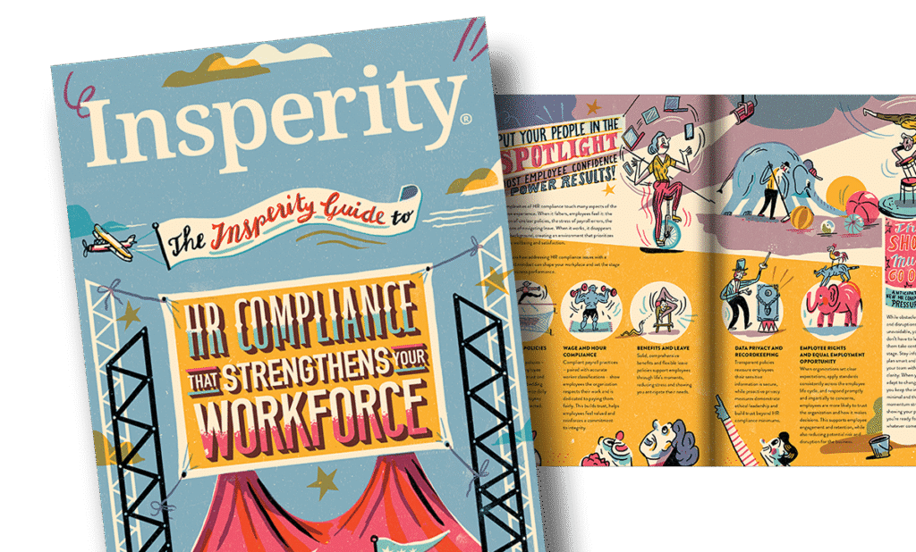 An open magazine spread for 'Insperity: The HR Compliance Guide' with a colorful circus theme. The cover shows a banner reading 'HR COMPLIANCE THAT STRENGTHENS YOUR WORKFORCE'. The inside spread features illustrations of people and animals in circus acts, representing different aspects of HR, such as juggling, balancing, and strength.