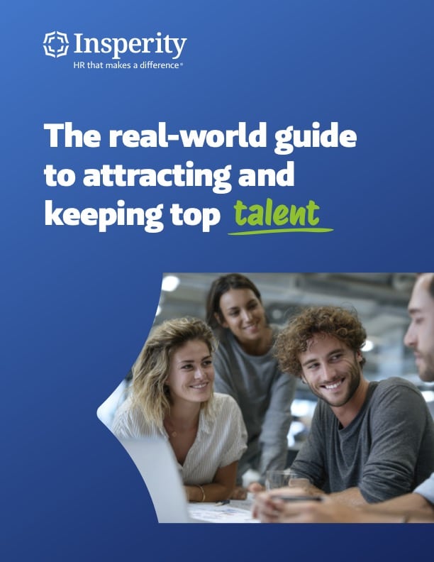 Cover page for Insperity's 'The real-world guide to attracting and keeping top talent,' featuring the company logo and a photo of four smiling professionals collaborating at a table.