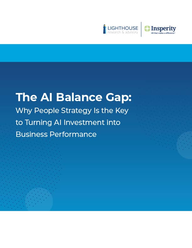 Document cover titled 'The AI Balance Gap: Why People Strategy Is the Key to Turning AI Investment into Business Performance'. Features logos for Lighthouse Research & Advisory and Insperity.