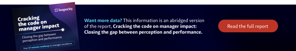 Promotional banner for Insperity's report 'Cracking the code on manager impact.' It shows a document cover and text inviting users to 'Read the full report' to learn more about closing the gap between perception and performance.