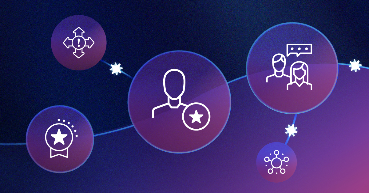 A digital illustration with five interconnected circular icons on a dark blue and purple gradient background. Icons depict decision-making, achievement, a key user, communication, and a network.