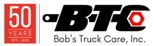 Logo for Bob's Truck Care, Inc. featuring a 50th-anniversary mark with '1975 - 2025'. The main logo 'BTC' incorporates a wrench and a nut design.