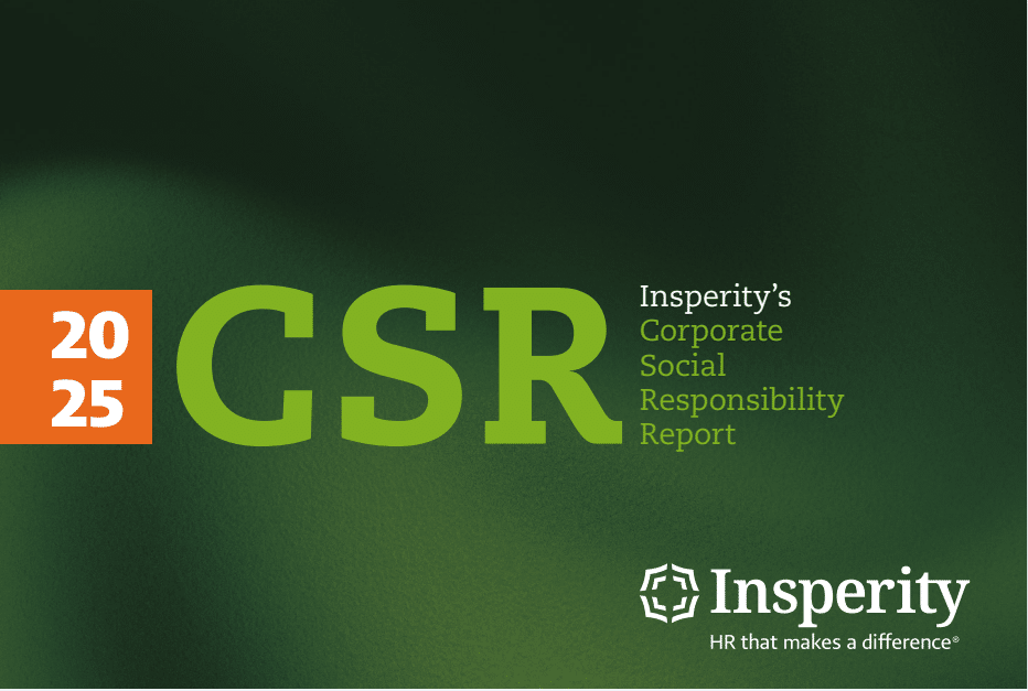 Cover for Insperity's 2025 Corporate Social Responsibility Report. Features '20 25' in an orange box, large green 'CSR', and the full report title with the Insperity logo on a dark green background.