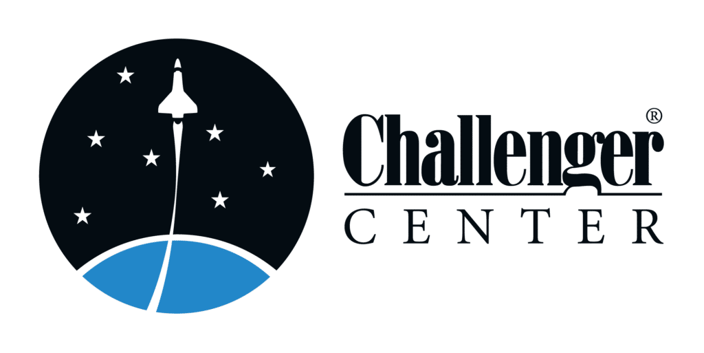 Challenger Center logo with a white rocket launching from a blue curve into a dark sky with stars, next to the words 'Challenger Center'.