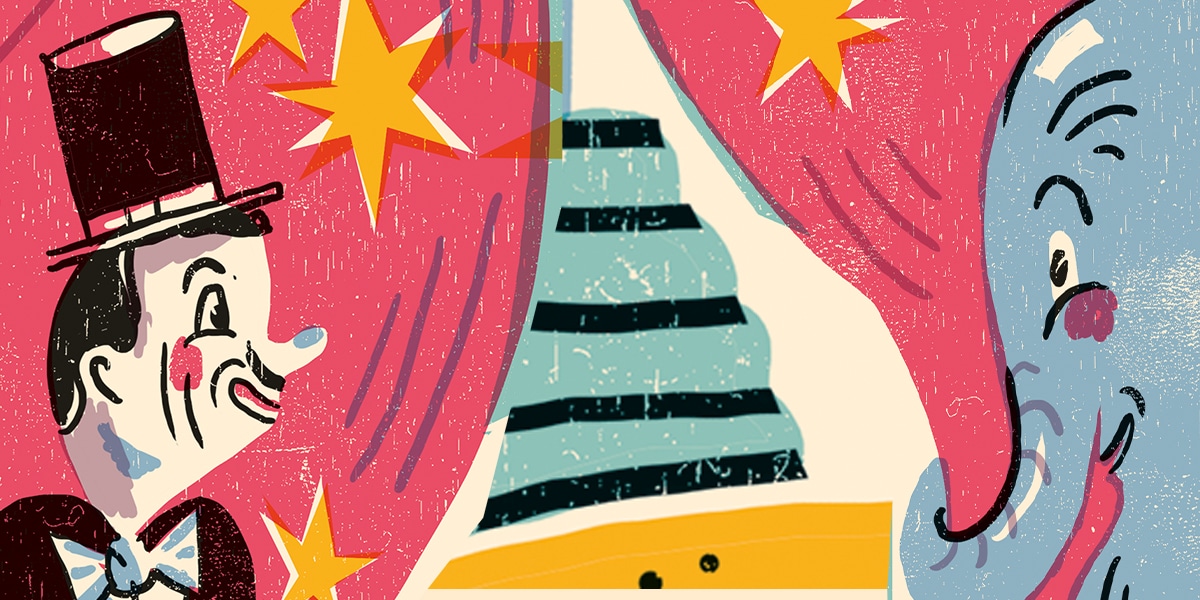 Vintage illustration of a ringmaster, an elephant, and a tiered structure between red curtains with yellow stars.