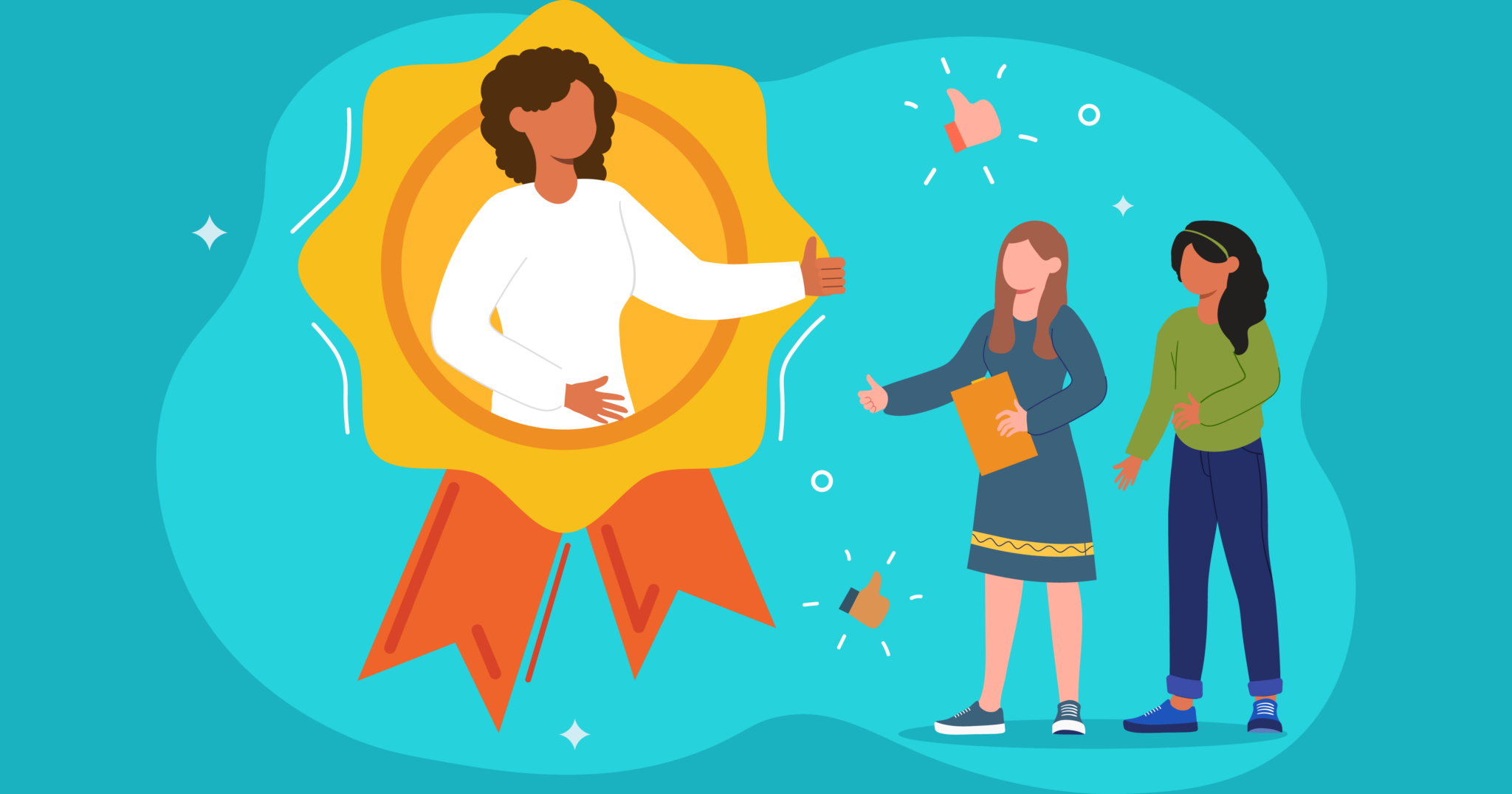 Illustration of a woman in a golden award badge giving a thumbs-up, with two other women nearby and floating thumbs-up icons, symbolizing recognition and positive feedback.