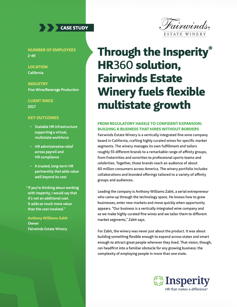 Case study document detailing how Insperity HR360 solution helped Fairwinds Estate Winery achieve flexible multistate growth. It includes client details, key outcomes, and a quote from the owner.