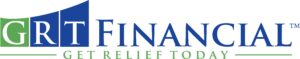GRT FINANCIAL logo. 'GRT' is green and white on green and blue backgrounds with an upward curving shape. 'FINANCIAL' is blue with a trademark symbol. Below, 'GET RELIEF TODAY' is in green text, separated by a green line.
