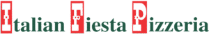 Logo for Italian Fiesta Pizzeria. The letters 'I', 'F', and 'P' are large red blocks with white symbols inside. The rest of the text is dark green.