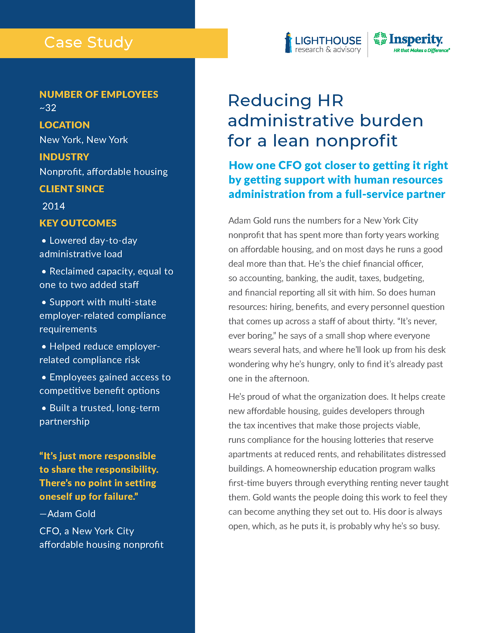 Case study document detailing how a nonprofit reduced HR administrative burden. It shows client details, key outcomes, a quote from CFO Adam Gold, and a descriptive text about the partnership with Lighthouse Research & Advisory and Insperity.