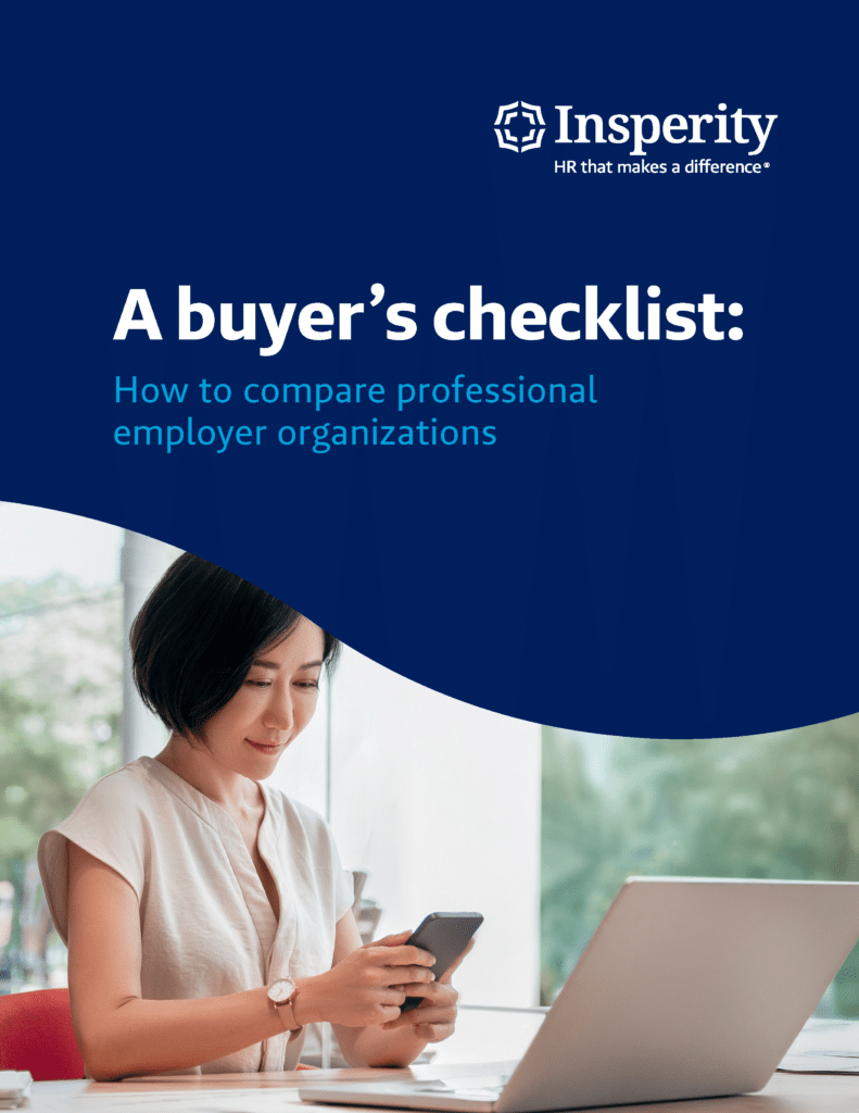 Cover of A buyer’s checklist: How to compare professional employer organizations (PEOs) e-book, featuring workplace imagery.