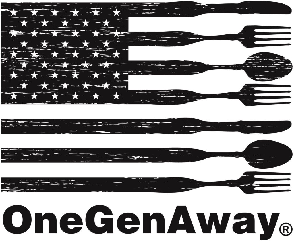 Black and white American flag design made of distressed cutlery (forks, spoons, knife) and stripes, with 'OneGenAway' logo below.