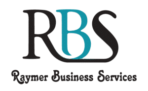 Logo for Raymer Business Services. Large letters 'RBS' with 'R' and 'S' in dark gray, and 'B' in teal. Below, 'Raymer Business Services' in a script font.