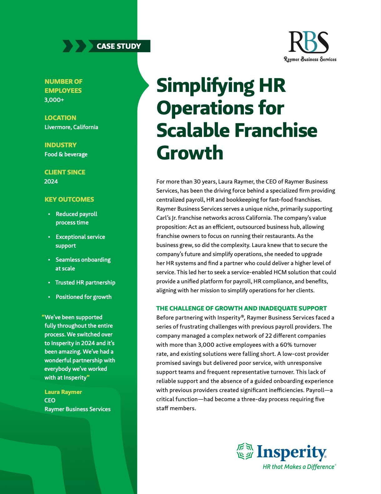 A case study document titled 'Simplifying HR Operations for Scalable Franchise Growth' by Raymer Business Services, detailing their partnership with Insperity.