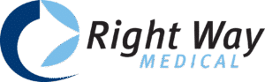 Right Way Medical logo. A dark blue C-shape with two light blue leaf-like shapes forming an arrow, next to the words 'Right Way' in dark gray and 'MEDICAL' in light blue.