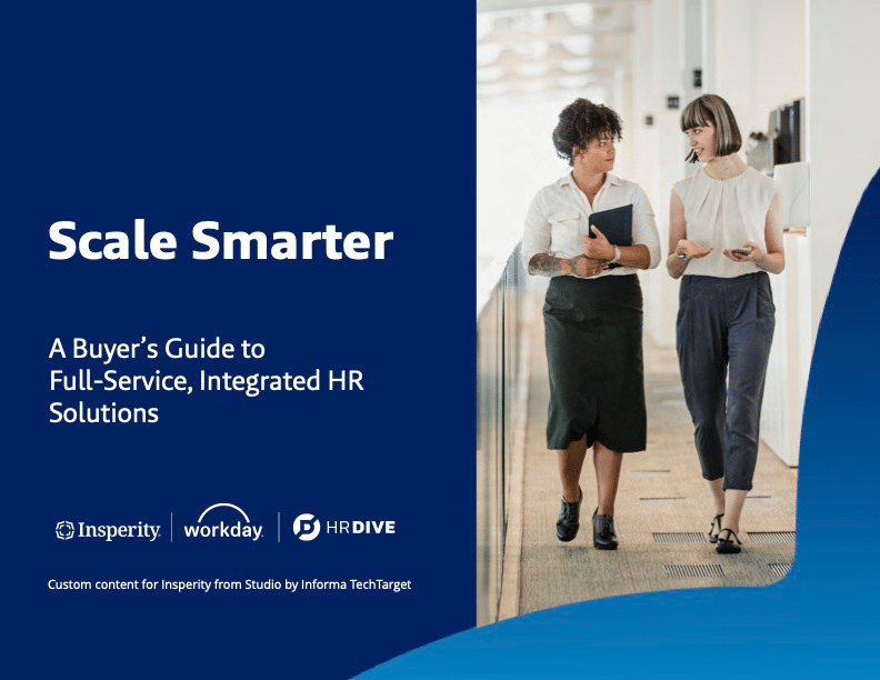 Cover of Scale smarter: A buyer’s guide to full-service, integrated HR solutions e-book, featuring workplace imagery.