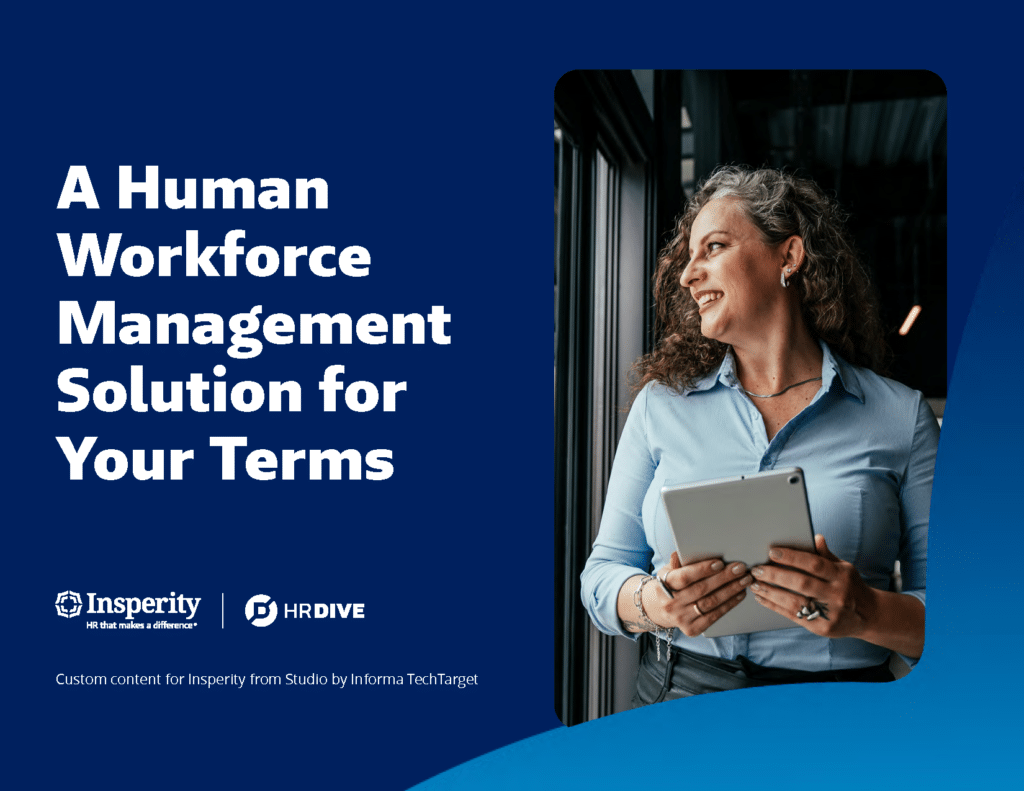 A smiling woman in a blue shirt holds a tablet, next to text 'A Human Workforce Management Solution for Your Terms' and logos for Insperity and HRDIVE.