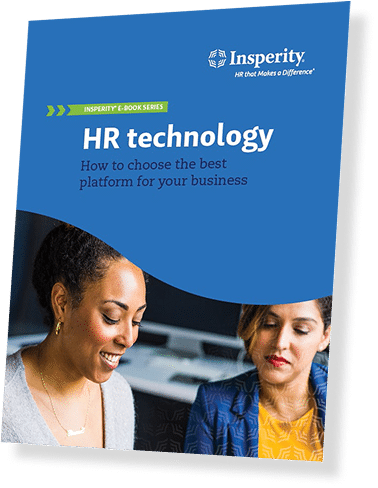 E-book cover titled 'HR technology: How to choose the best platform for your business' by Insperity, featuring two smiling women.