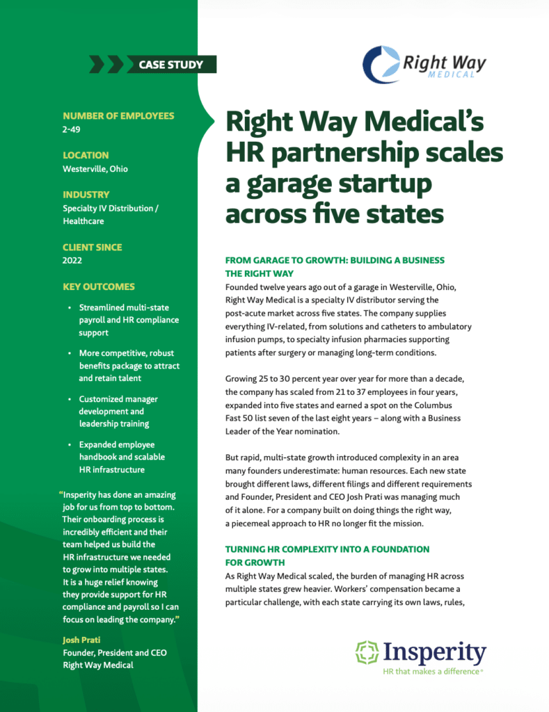 Case study document detailing Right Way Medical's HR partnership with Insperity, showing how the company scaled from a garage startup across five states.