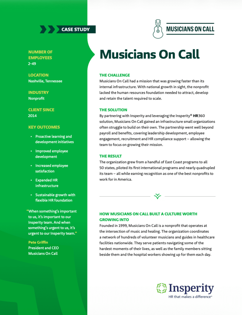 A case study document titled 'Musicians On Call' by Insperity, detailing their HR partnership and positive outcomes.