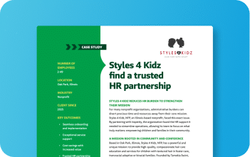 A case study document titled 'Styles 4 Kidz find a trusted HR partnership' on a blue background. The document highlights client details, key outcomes, and mission statement.