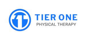 Tier One Physical Therapy logo. A blue circular emblem with a stylized 'T' inside, next to 'TIER ONE' in blue text and 'PHYSICAL THERAPY' in grey text.