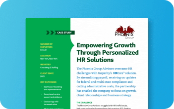 Close-up of a digital case study document titled 'Empowering Growth Through Personalized HR Solutions' for Phoenix Group, detailing HR solution benefits.