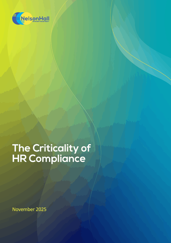 Cover page for 'The Criticality of HR Compliance' by NelsonHall, dated November 2025. Features a yellow-green to blue gradient background with abstract patterns and the NelsonHall logo.