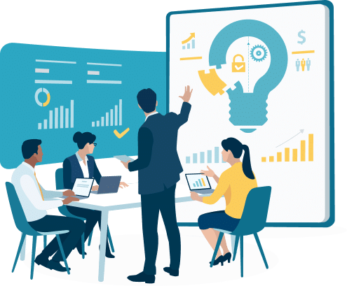 Four business professionals in a meeting, with one man presenting to a group. Two large screens display data charts, a lightbulb icon representing ideas, and symbols for growth and teamwork.