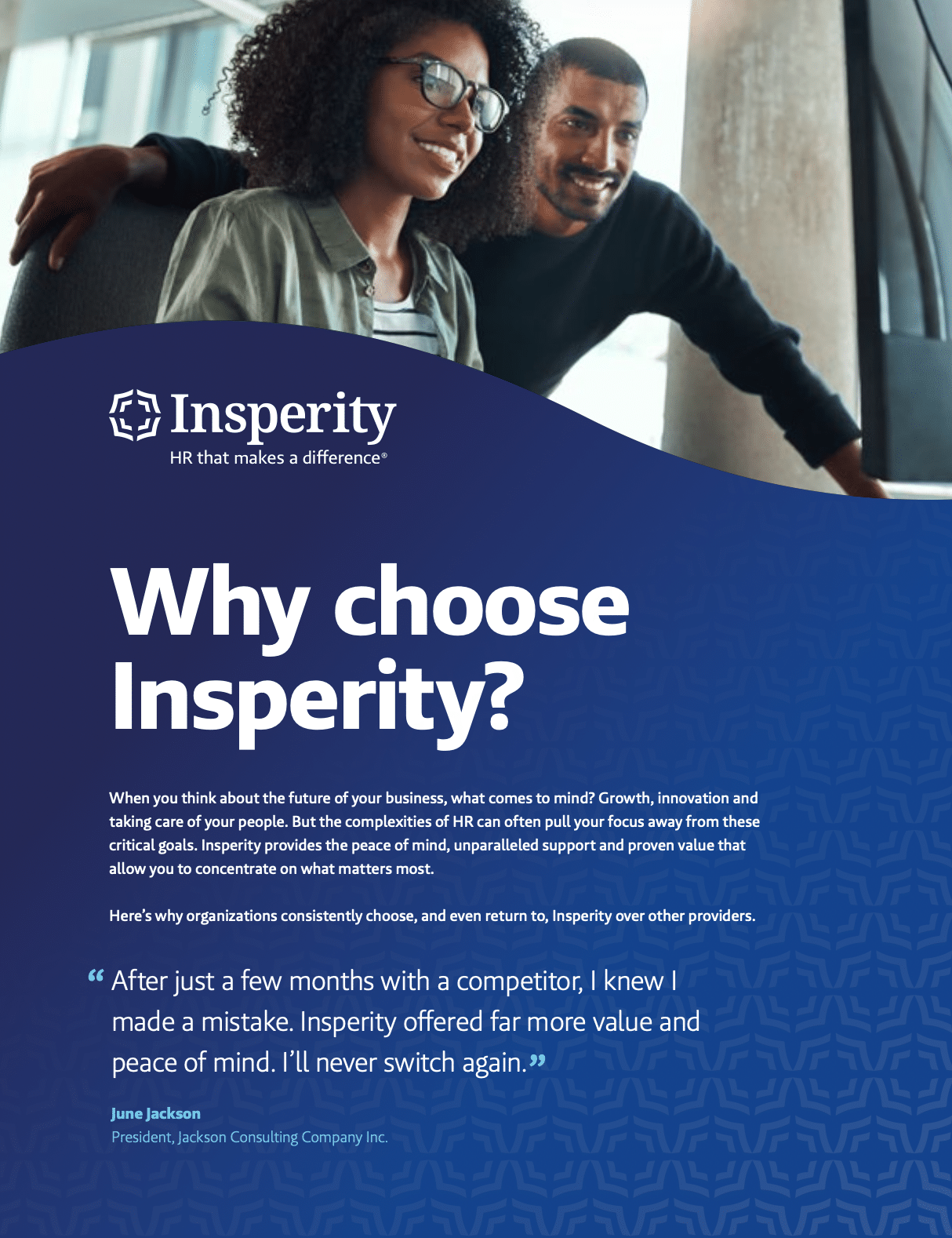 Advertisement for Insperity featuring two smiling professionals and text explaining the benefits of choosing Insperity for HR services.