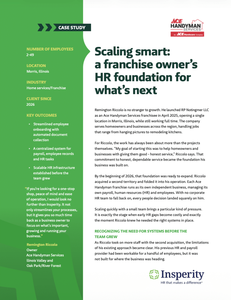 A case study document titled 'Scaling smart: a franchise owner's HR foundation for what's next' for Ace Handyman Services, detailing key outcomes and the importance of HR systems.