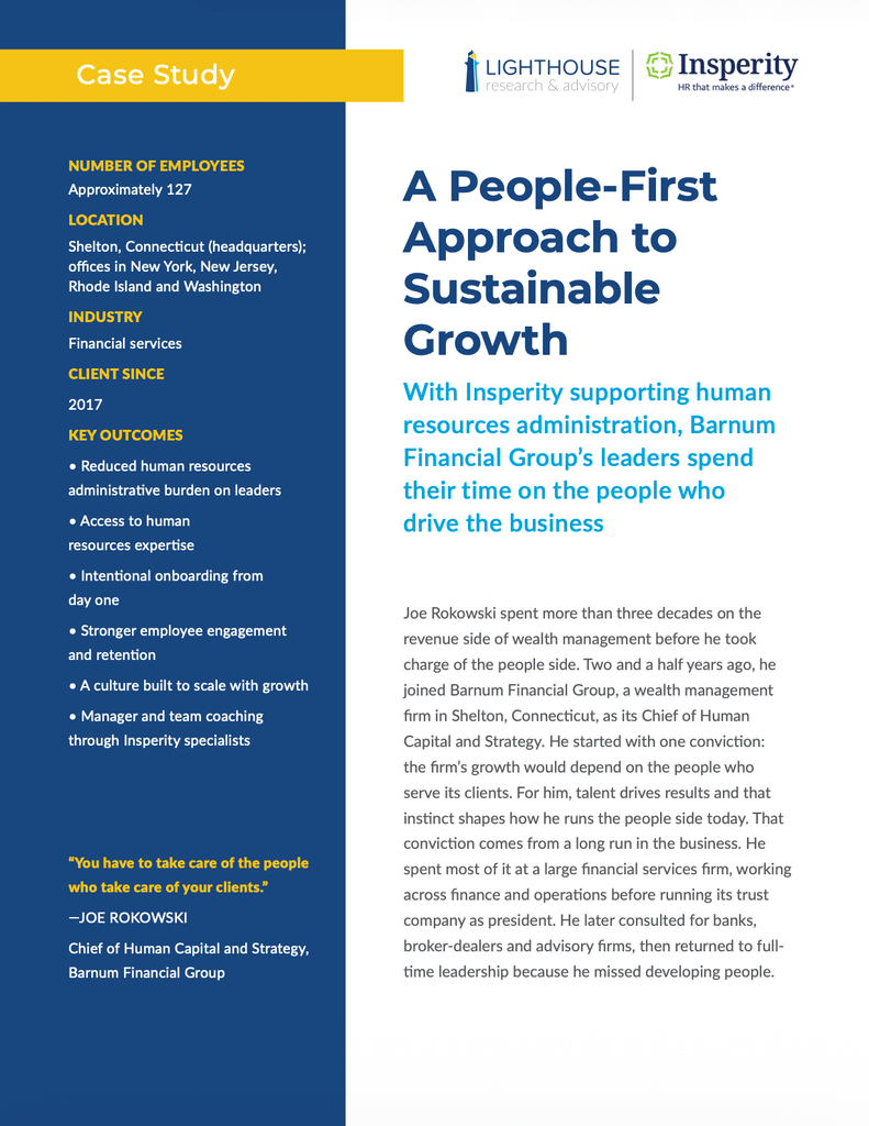 A case study document titled 'A People-First Approach to Sustainable Growth' by Lighthouse Research & Advisory and Insperity, featuring Barnum Financial Group.