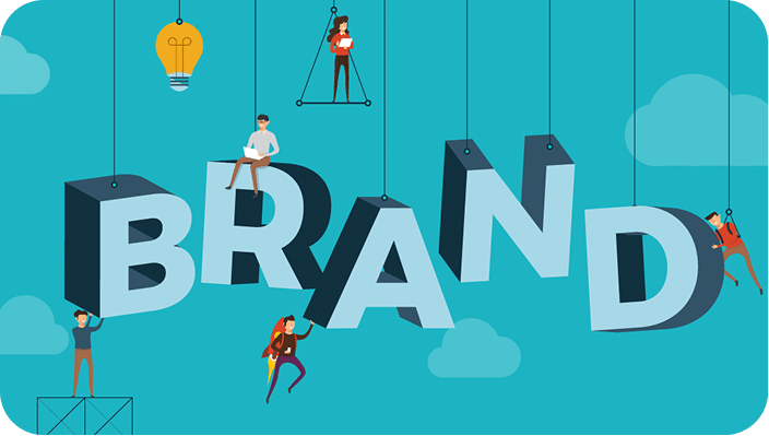 Illustration of several small figures actively working to assemble and support the large 3D letters that spell out the word 'BRAND' against a teal background. A lightbulb hangs above the 'B'.
