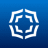 White geometric emblem on a blue gradient background.