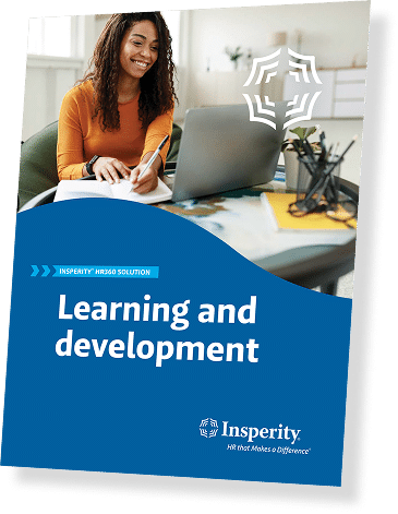Document cover titled 'Learning and development' from Insperity HR360 Solution, featuring a smiling woman writing in a notebook while looking at a laptop.