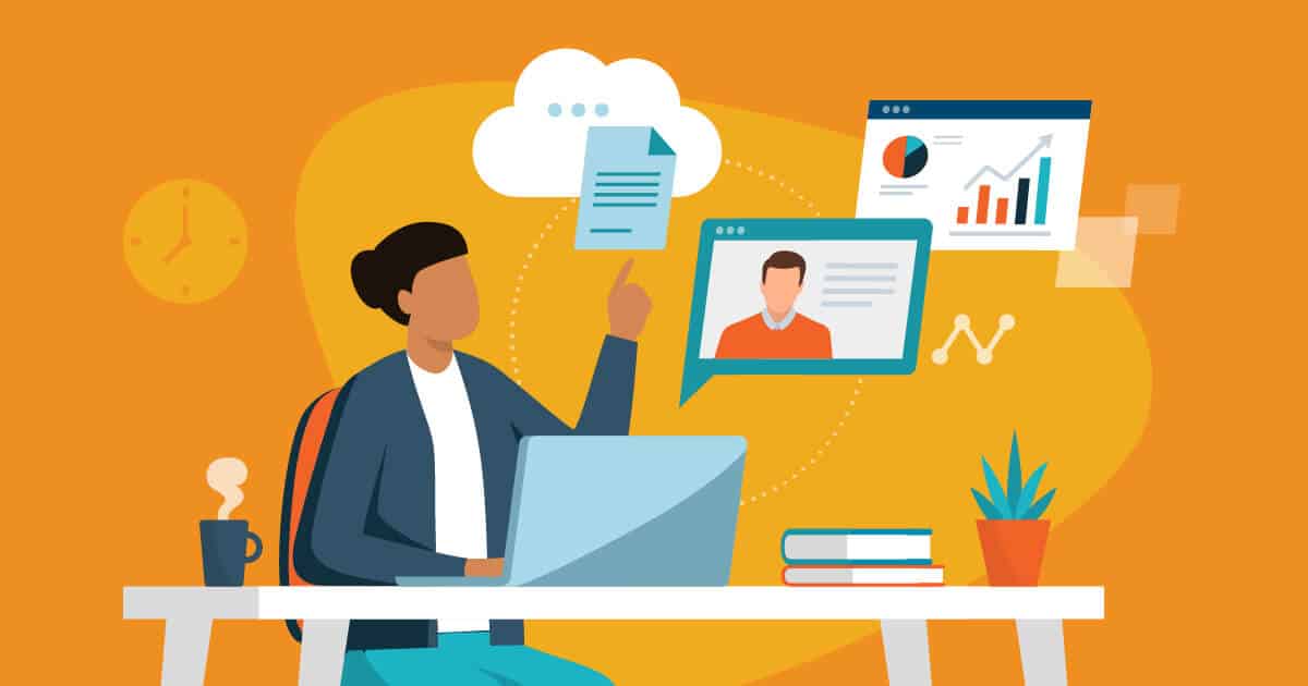 Illustration of a person working on a laptop at a desk, surrounded by icons representing cloud documents, a video call, and data analytics charts, set against an orange background.