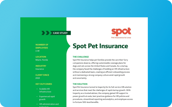 A digital case study document for Spot Pet Insurance, detailing their HR challenges and solutions with Insperity. The document has a green left side with company details and a white right side with the Spot Pet Insurance logo, challenge, and solution sections.