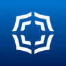 White geometric symbol on a blue gradient background.