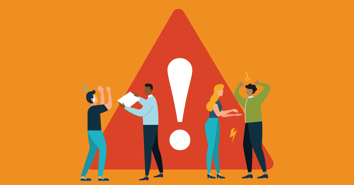 Illustration of four distressed people around a large red warning sign with an exclamation mark, symbolizing conflict or confusion.