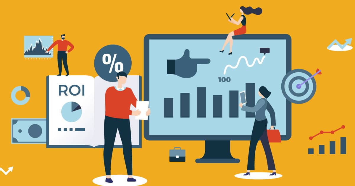 An illustration showing people interacting with business analytics, ROI reports, and digital dashboards, featuring graphs, a percentage sign, a target, and a thumbs-up icon, all on an orange background.