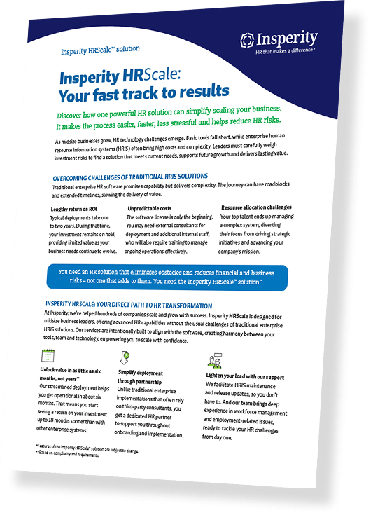 A document titled 'Insperity HRScale: Your fast track to results' detailing HR solutions and benefits.