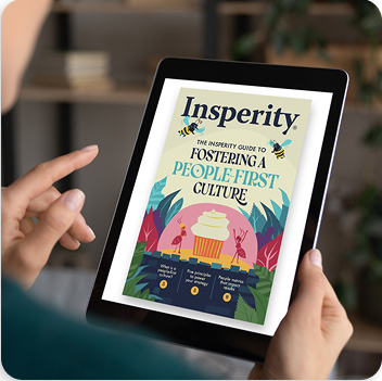Person holding a tablet displaying 'The Insperity Guide to Fostering a People-First Culture' cover, which features a cupcake, ants, and bees.
