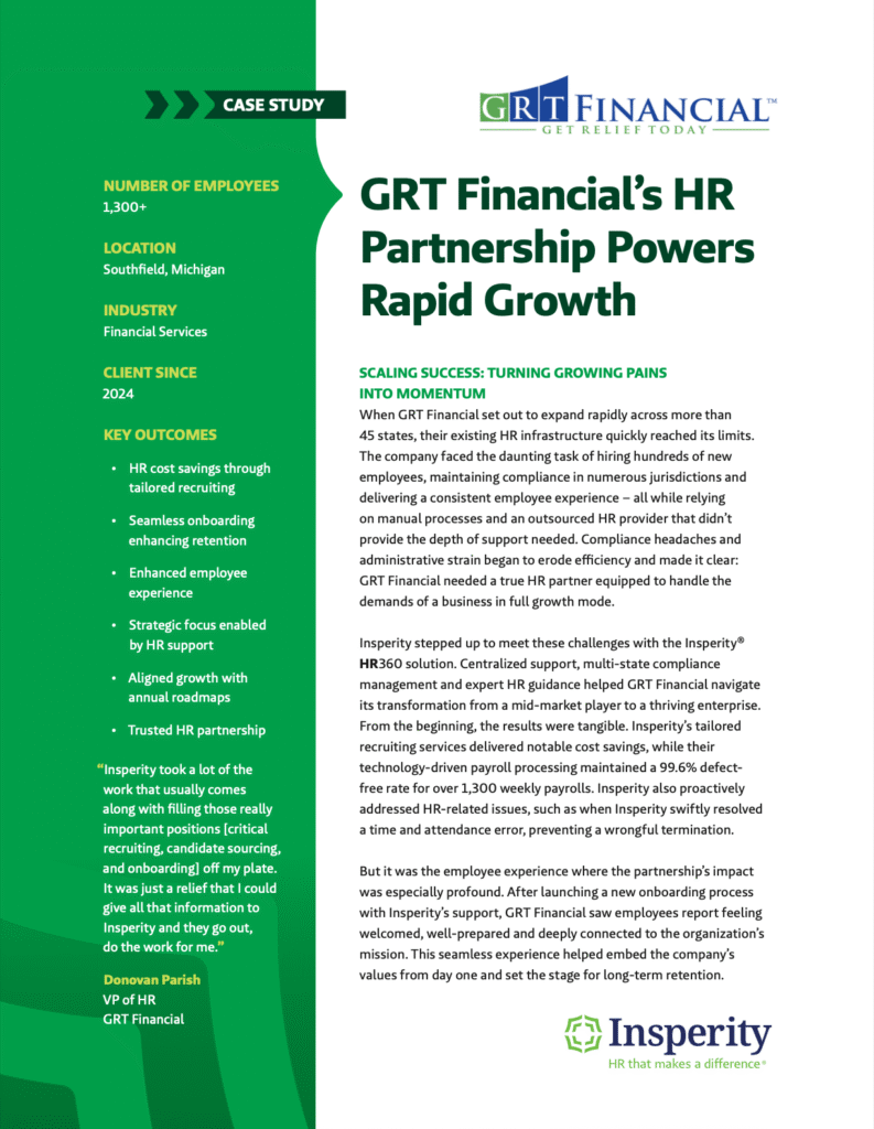 A case study document titled 'GRT Financial's HR Partnership Powers Rapid Growth', detailing how Insperity's HR solutions supported GRT Financial's expansion and improved HR outcomes.