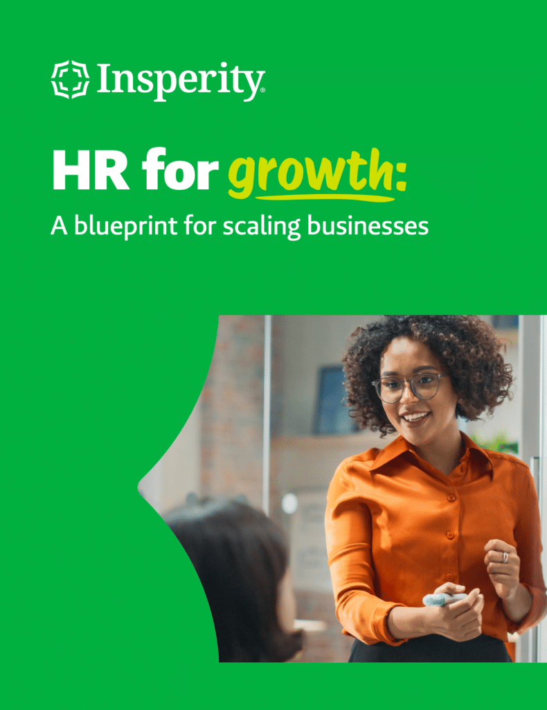 Insperity logo and text 'HR for growth: A blueprint for scaling businesses' above a smiling woman with curly hair and glasses, wearing an orange shirt, presenting in an office setting.